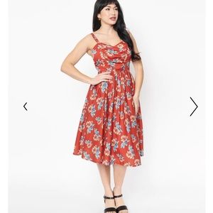 Unique Vintage 1950s Rust Red & Orange Floral Reed Swing Dress